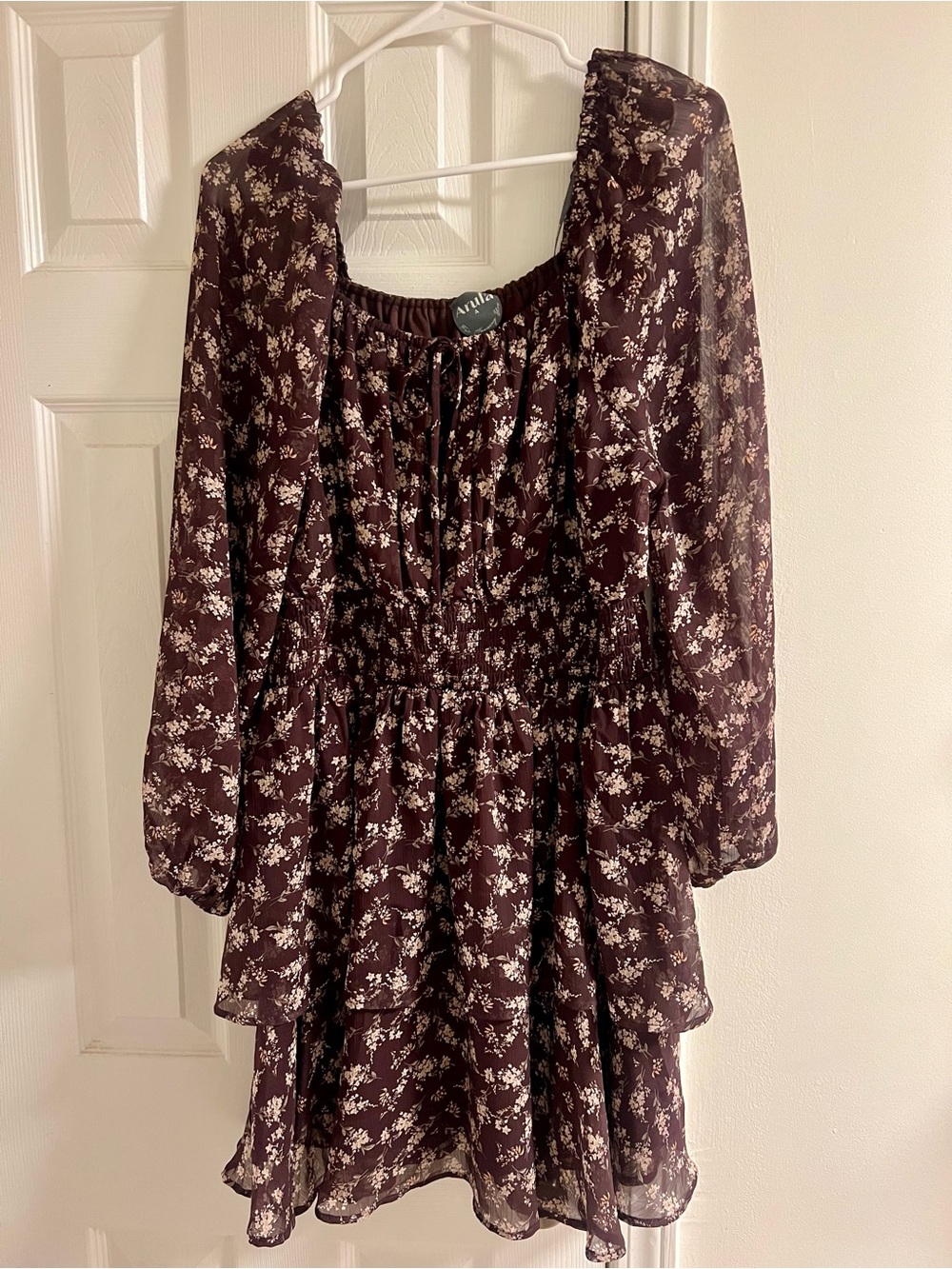 Arula Brown Floral Long Sleeve Smocked Mini Dress